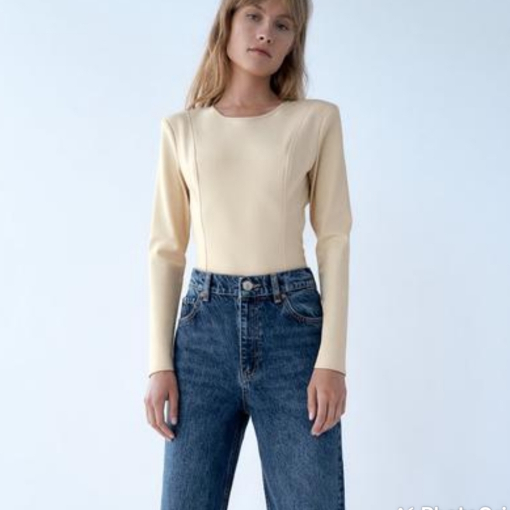NEW ZARA faux leather look nude open back long sleeve bodysuit size small - Picture 11 of 16